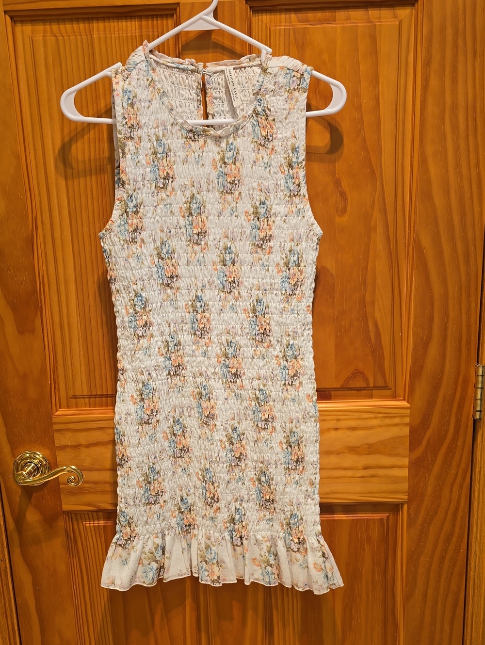 Smocked Floral Ruffle Hem Mini Dress - Pastel Blue & Peach. American Eagle
